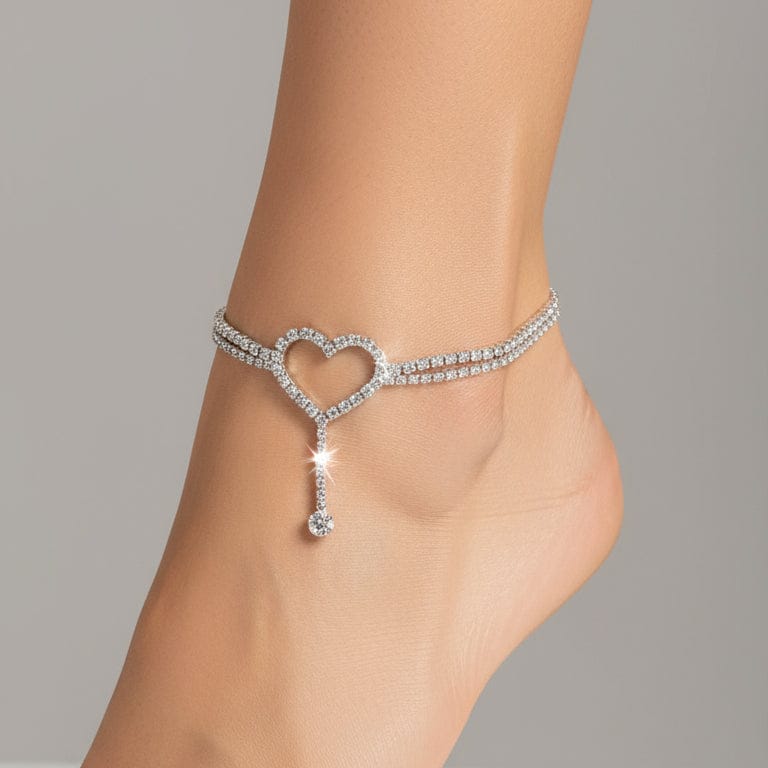 Elegant Bling Heart Tassel Anklet Double-Layer Adjustable