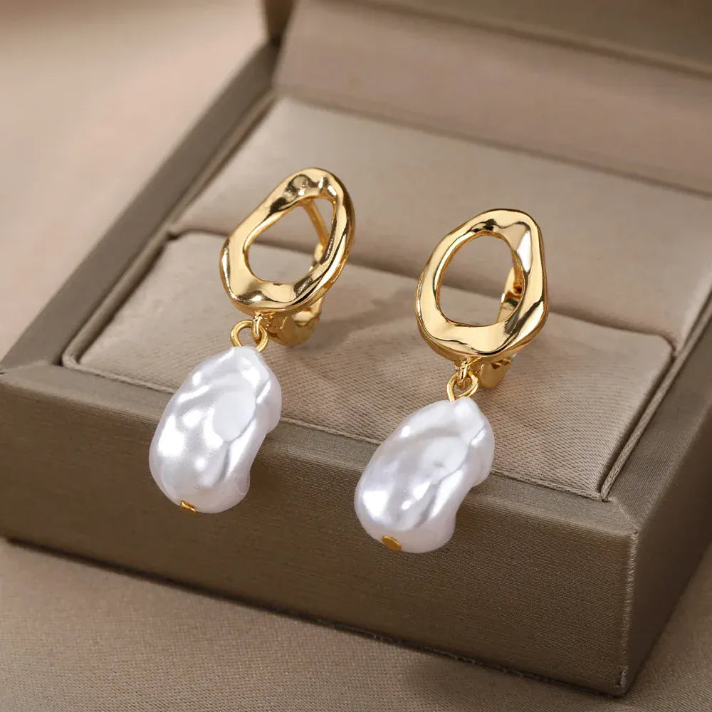 Classic Fashion Imitation Pearl Earrings For Women Gold Color Circle Stainless Steel Earrings Luxury Elegant Christmas Jewelry