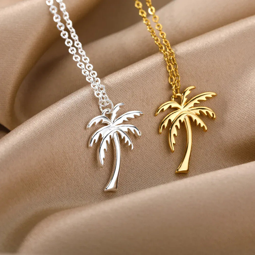 Coconut Palm Tree Necklace For Women Dainty Stainless Steel Gold Color Necklace Hawaiian Jewelry Summer Ocean Beach Accessories