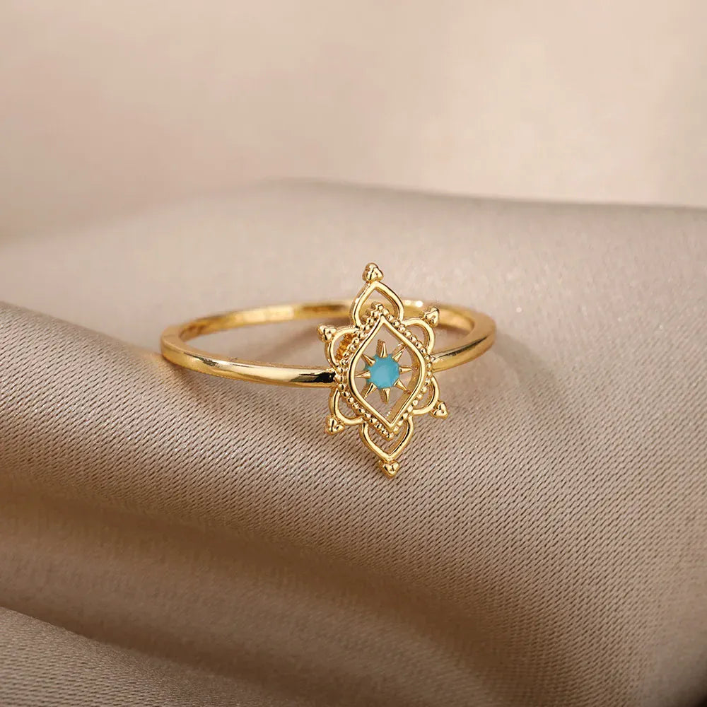Hexagon Star Ring Blue Lotus Flower Rings For Women Gold Color Stainless Steel Opal Natural Stone Ring Boho Jewelry Gift