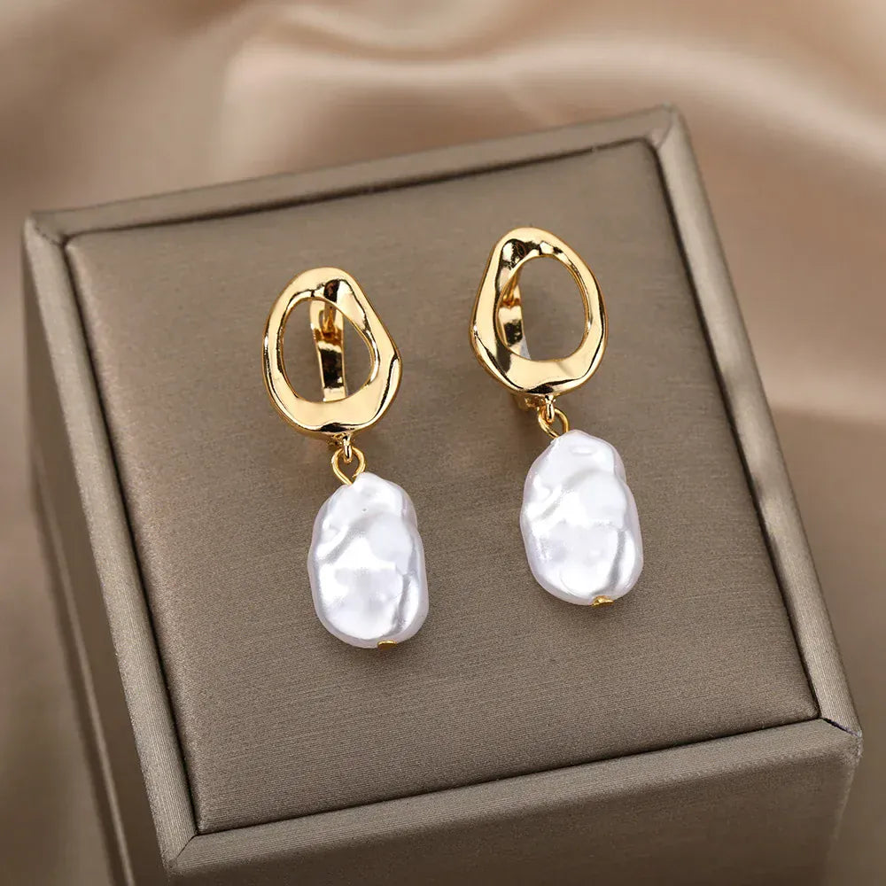 Classic Fashion Imitation Pearl Earrings For Women Gold Color Circle Stainless Steel Earrings Luxury Elegant Christmas Jewelry