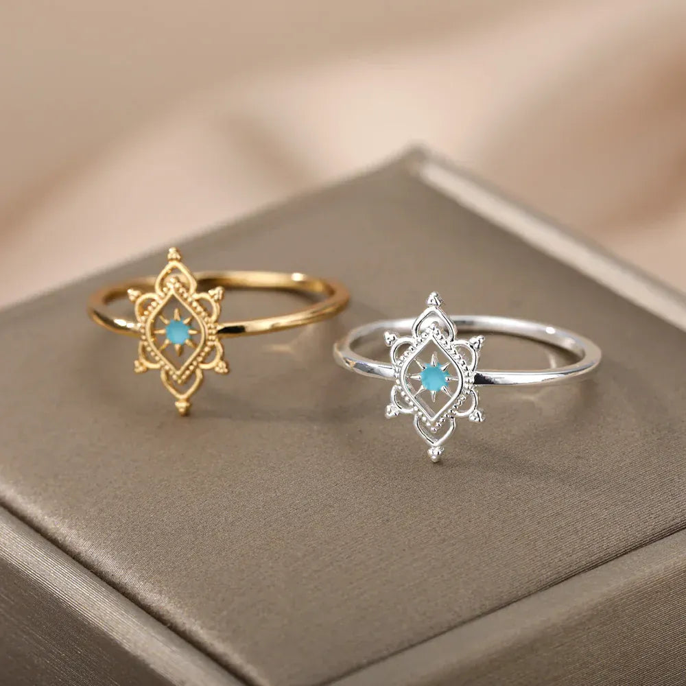 Hexagon Star Ring Blue Lotus Flower Rings For Women Gold Color Stainless Steel Opal Natural Stone Ring Boho Jewelry Gift