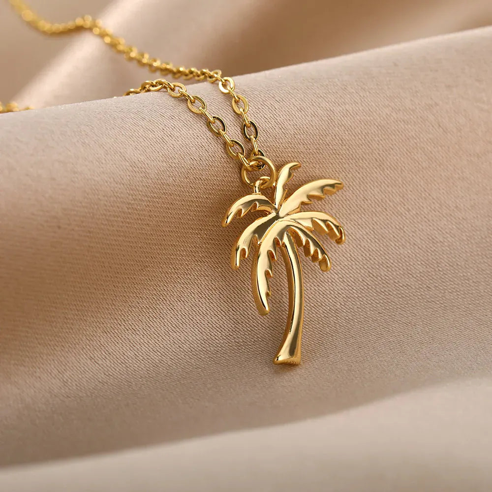 Coconut Palm Tree Necklace For Women Dainty Stainless Steel Gold Color Necklace Hawaiian Jewelry Summer Ocean Beach Accessories