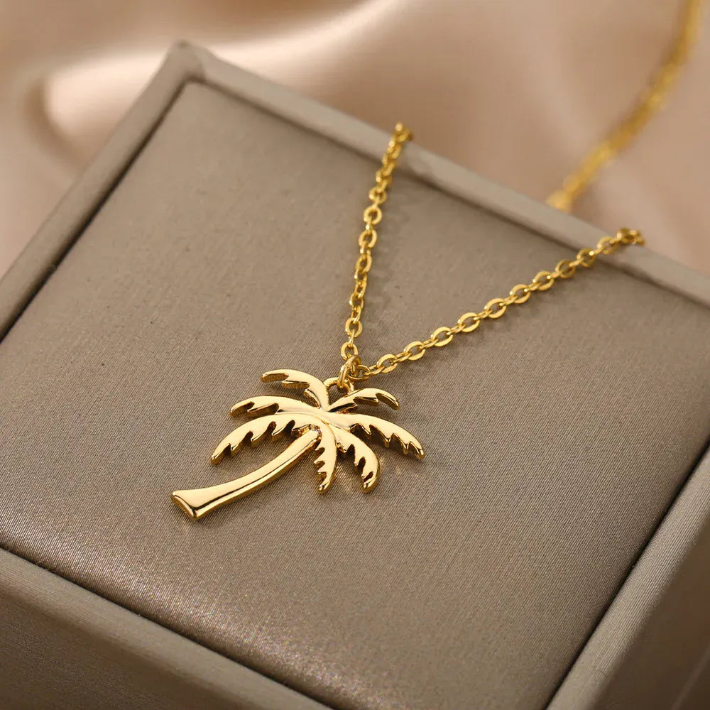 Coconut Palm Tree Necklace For Women Dainty Stainless Steel Gold Color Necklace Hawaiian Jewelry Summer Ocean Beach Accessories