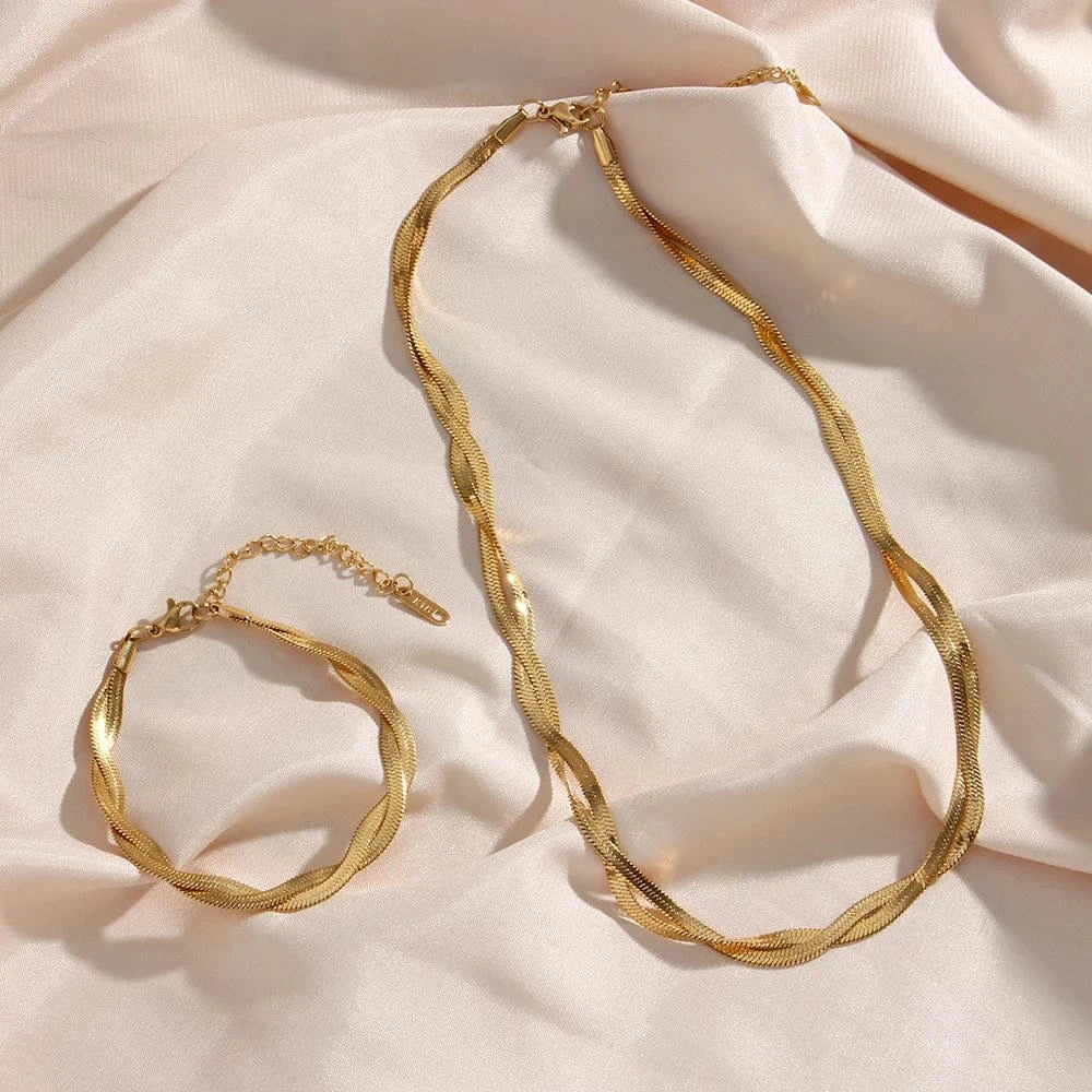 Liekoo Gold-Plated Braided Herringbone Necklace & Bracelet Set