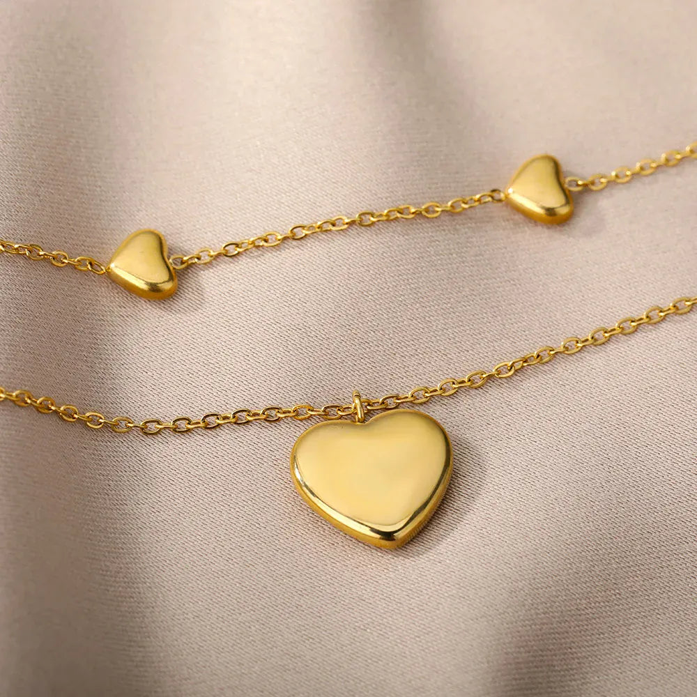 Double Layer Heart Clavicle Chain Necklaces For Women Stainless Steel Gold Plated Streetwear Choker Necklace Trendy Jewelry Gift