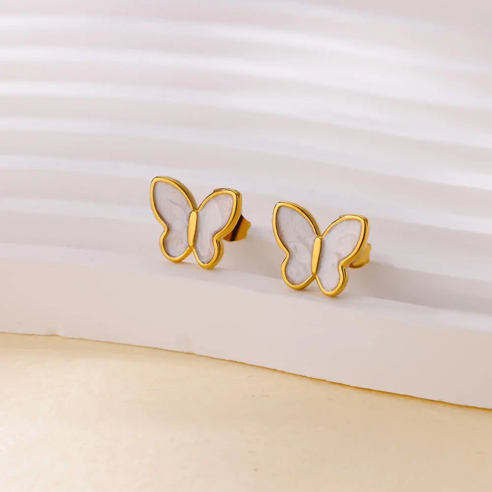 Cute White Enamel Butterfly Stud Earrings For Women Stainless Steel Gold Color Earrings Wedding Aesthetic Jewelry Gift aretes