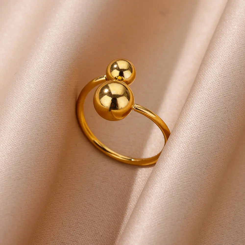 Minimalist Stainless Steel Round Bead Open Rings For Women Men Gold Color Double Ball Ring Wedding Jewelry Accessories Gift