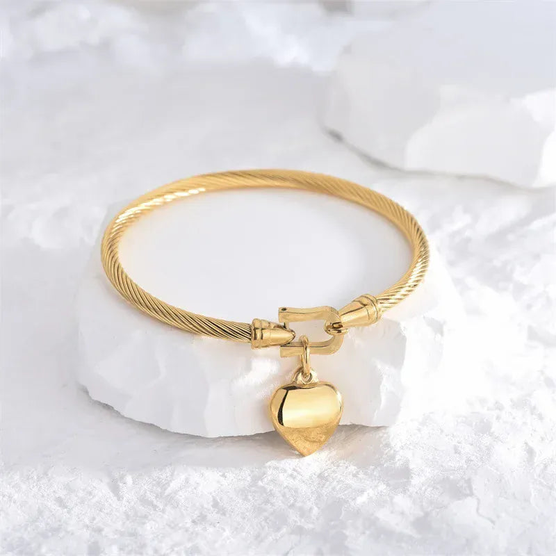 Heart Charm Bangle Gold Plated Elegant Minimalist