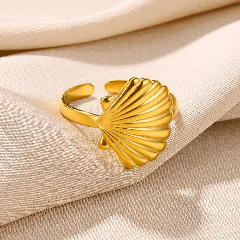 Gold Color Sea Shell Rings For Women Men Opening Adjustable Stainless Steel Summer Beach Seashell Ring Statement Jewelry Gift