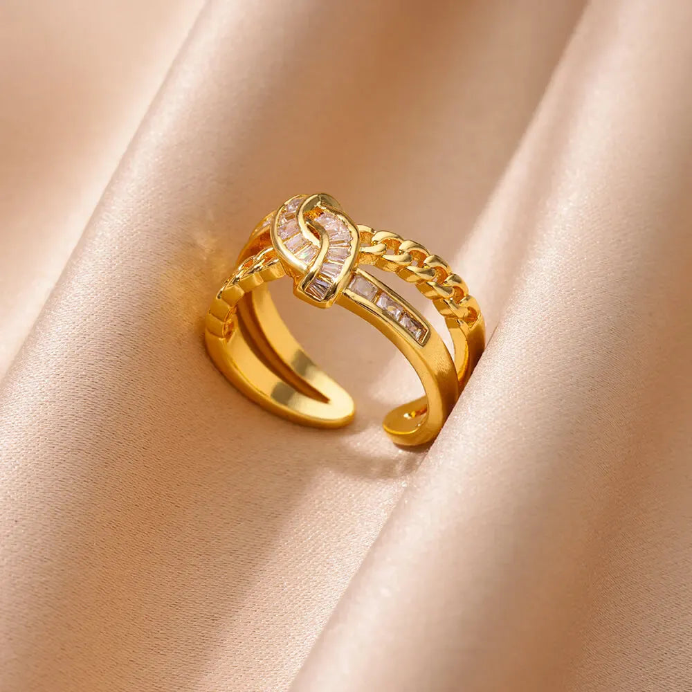 Stainless Steel Double Layer Chain Zircon Knotted Rings For Women Open 18K Gold Plated Knot Adjustable Finger Ring Jewelry