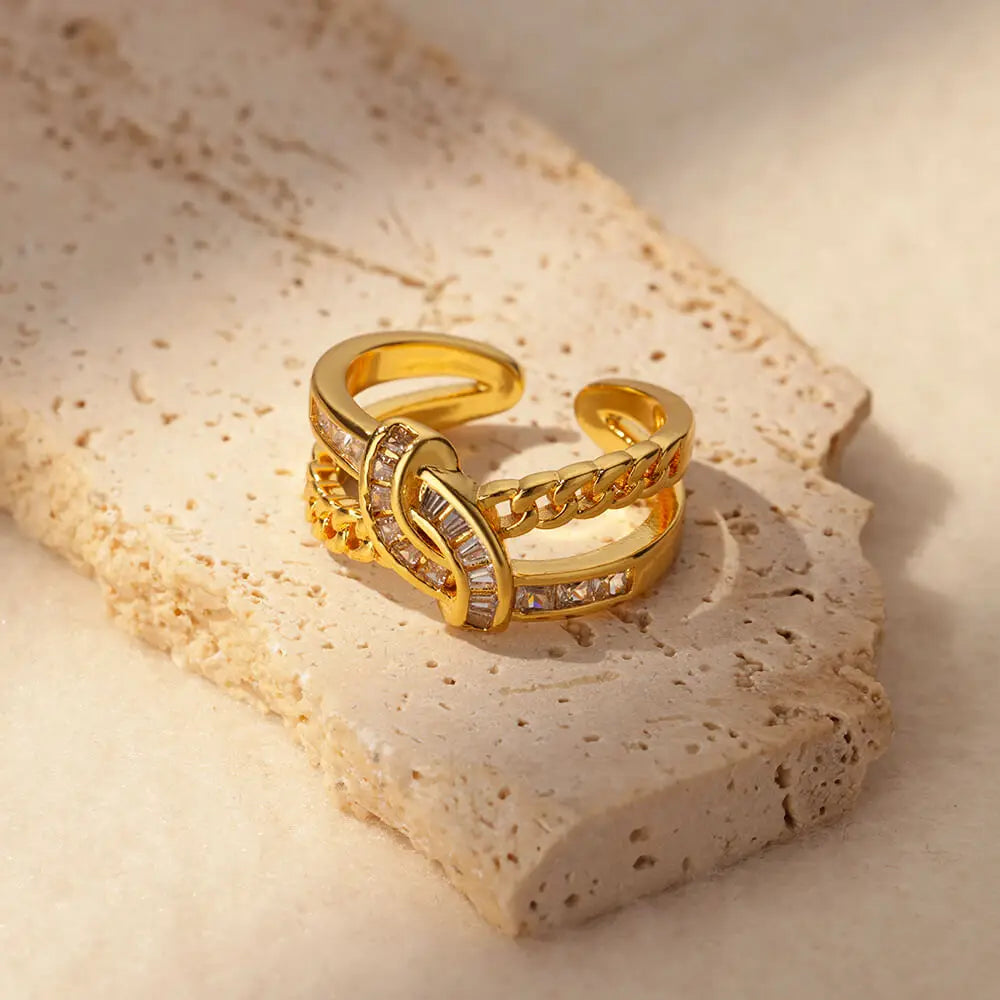 Stainless Steel Double Layer Chain Zircon Knotted Rings For Women Open 18K Gold Plated Knot Adjustable Finger Ring Jewelry