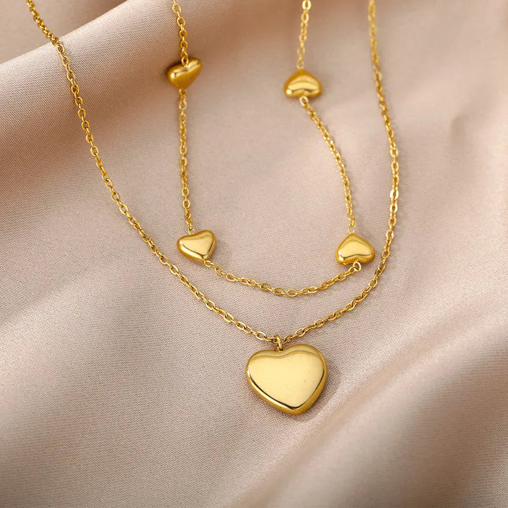 Double Layer Heart Clavicle Chain Necklaces For Women Stainless Steel Gold Plated Streetwear Choker Necklace Trendy Jewelry Gift