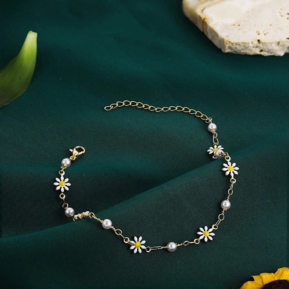 Elegant Summer Daisy Anklet Adjustable Pearl