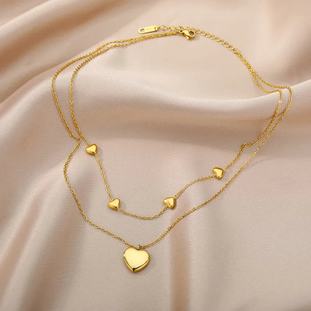 Double Layer Heart Clavicle Chain Necklaces For Women Stainless Steel Gold Plated Streetwear Choker Necklace Trendy Jewelry Gift