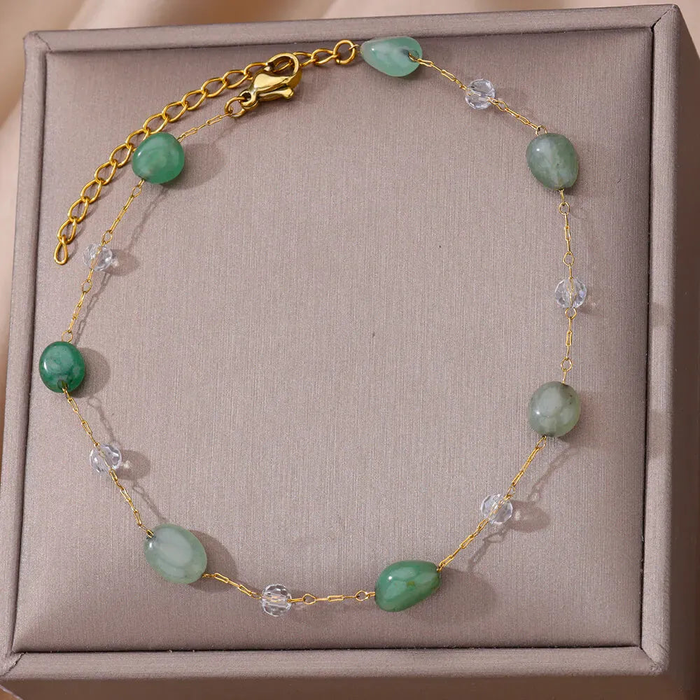 Green Natural Stone Stainless Steel Anklets For Women Gilrs Gold Color Double Layed Anklet Bracelet Femme Summer Jewelry Gift