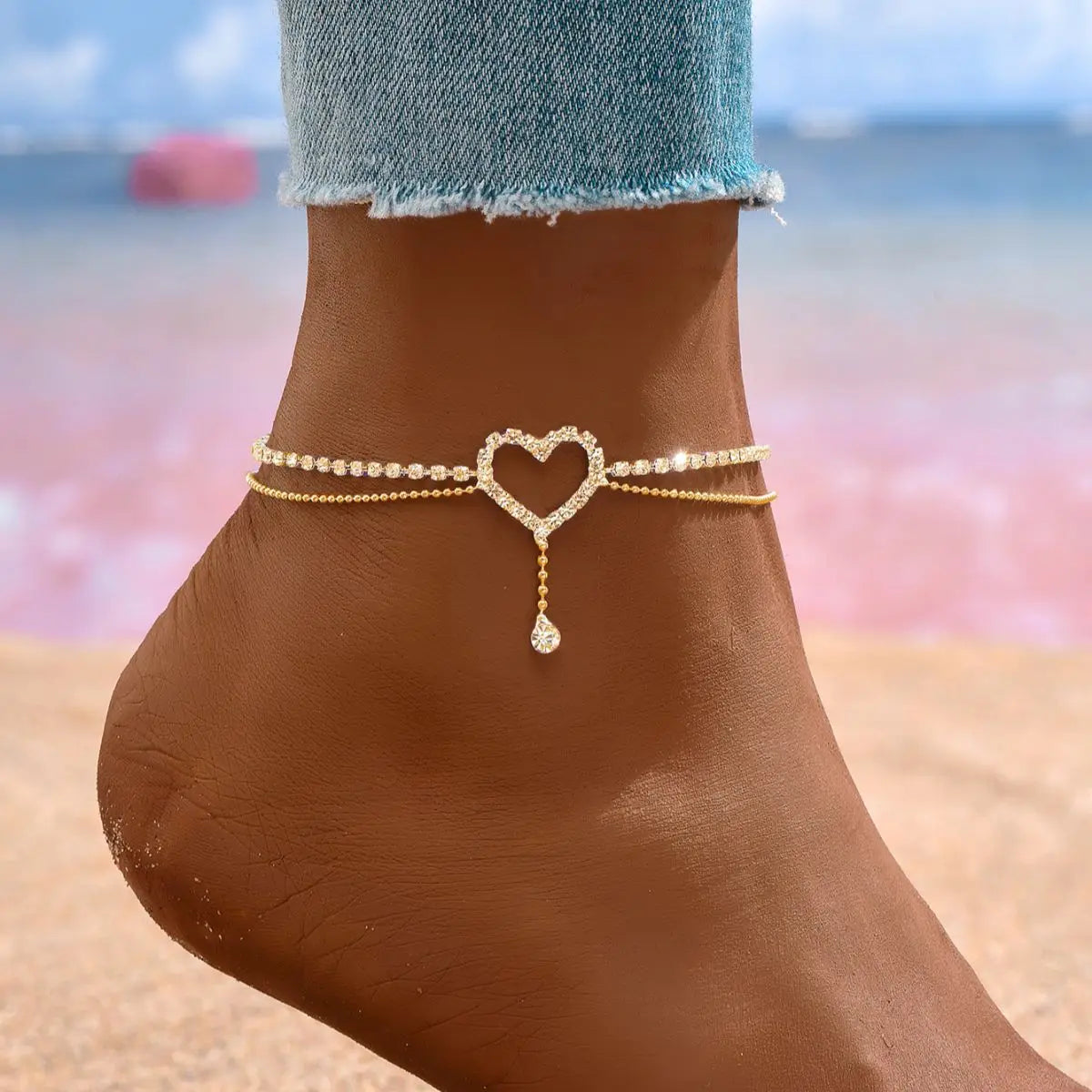 Elegant Bling Heart Tassel Anklet Double-Layer Adjustable