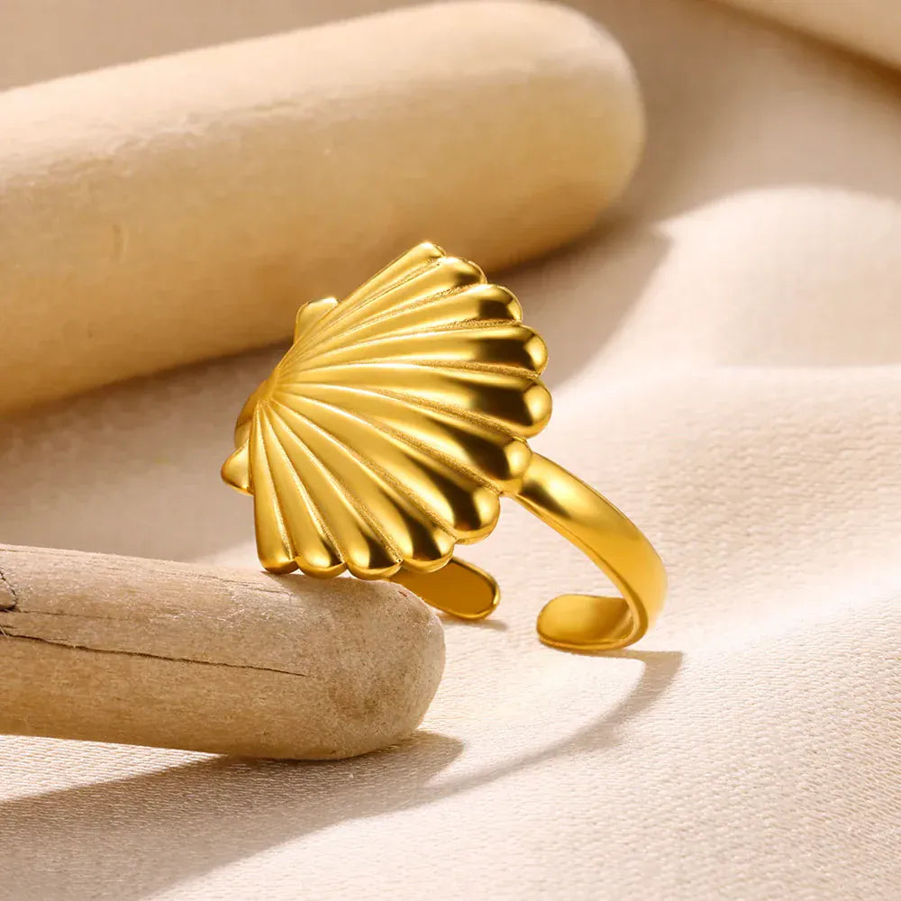 Gold Color Sea Shell Rings For Women Men Opening Adjustable Stainless Steel Summer Beach Seashell Ring Statement Jewelry Gift