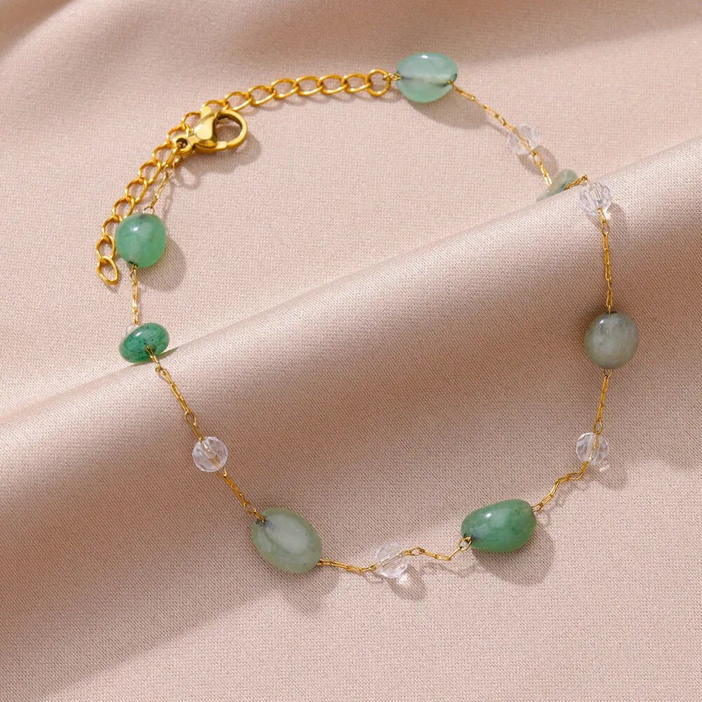 Green Natural Stone Stainless Steel Anklets For Women Gilrs Gold Color Double Layed Anklet Bracelet Femme Summer Jewelry Gift