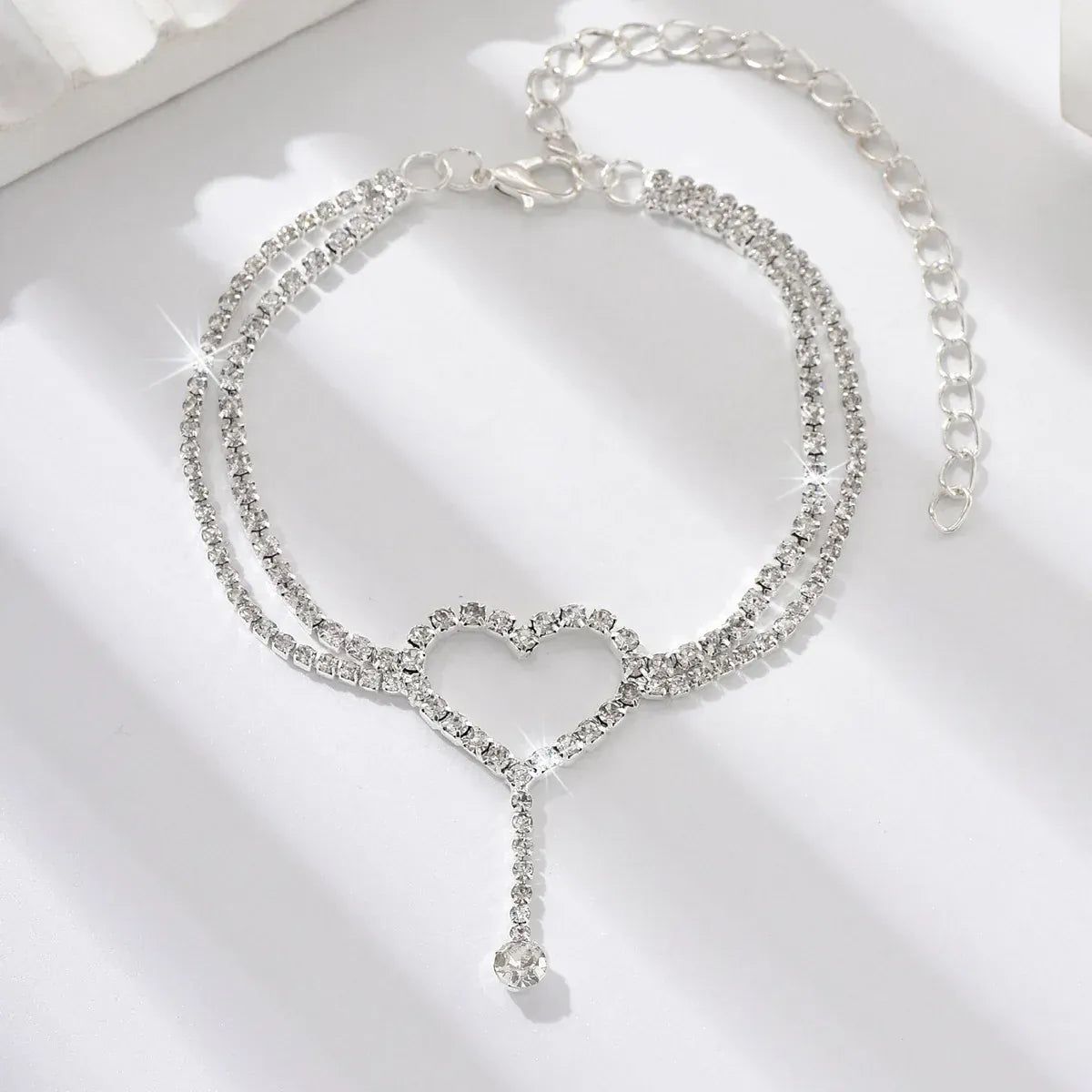 Elegant Bling Heart Tassel Anklet Double-Layer Adjustable