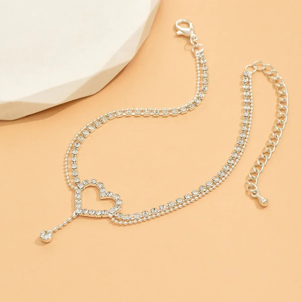 Elegant Bling Heart Tassel Anklet Double-Layer Adjustable