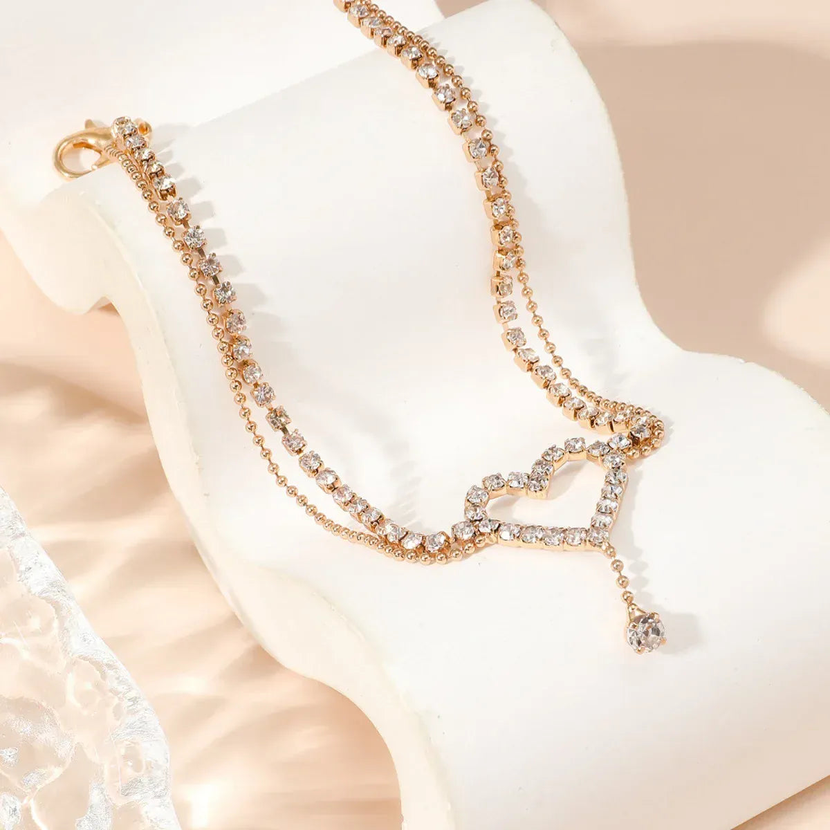 Elegant Bling Heart Tassel Anklet Double-Layer Adjustable