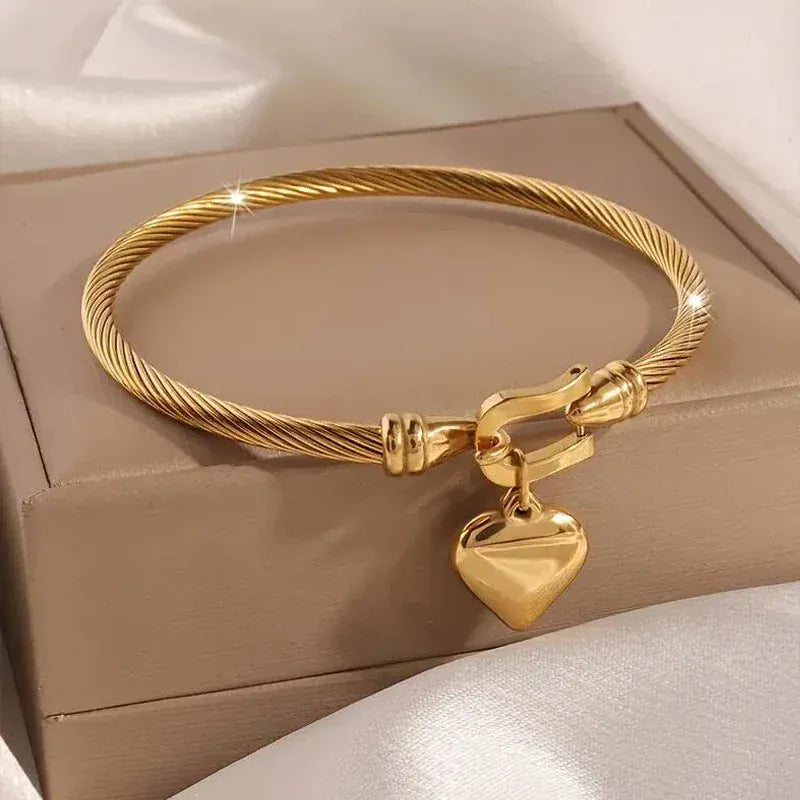 Heart Charm Bangle Gold Plated Elegant Minimalist