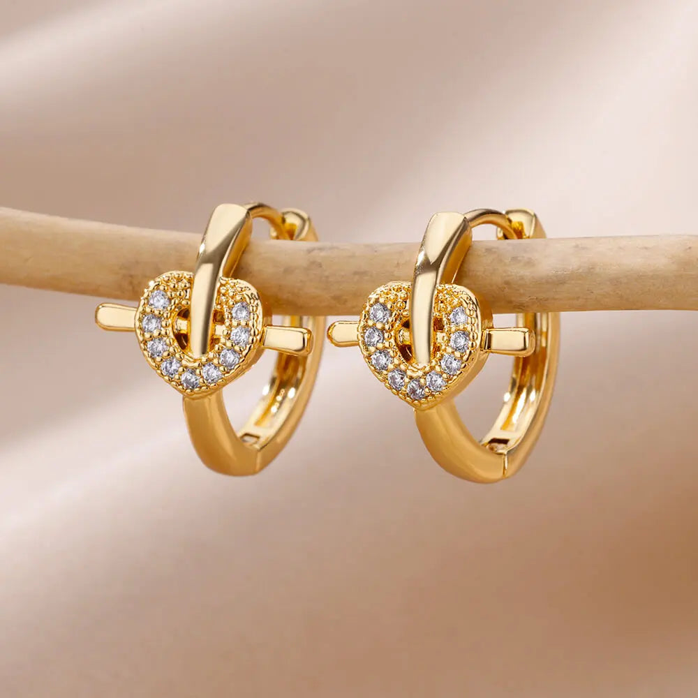 Gothic Zircon Heart Cross Hoop Earrings For Women Stainless Steel Gold Color Earrings Wedding Punk Jewelry pendientes mujer