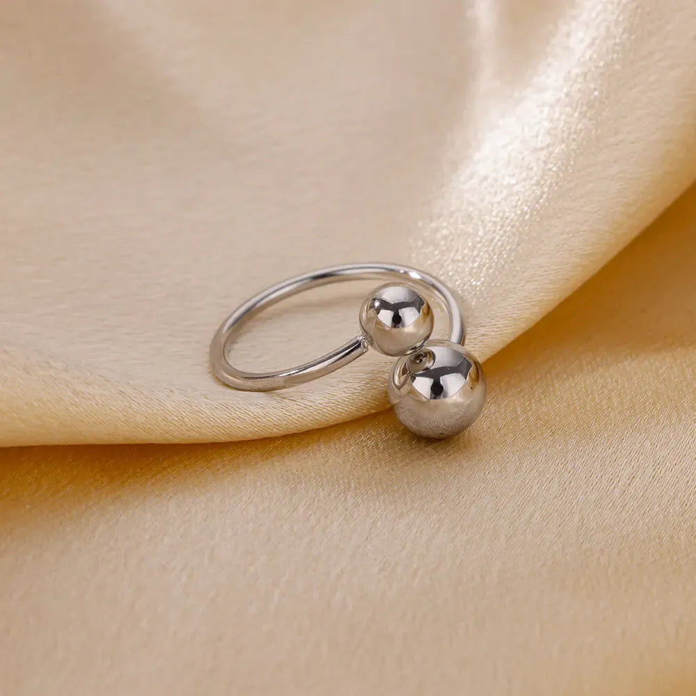 Minimalist Stainless Steel Round Bead Open Rings For Women Men Gold Color Double Ball Ring Wedding Jewelry Accessories Gift
