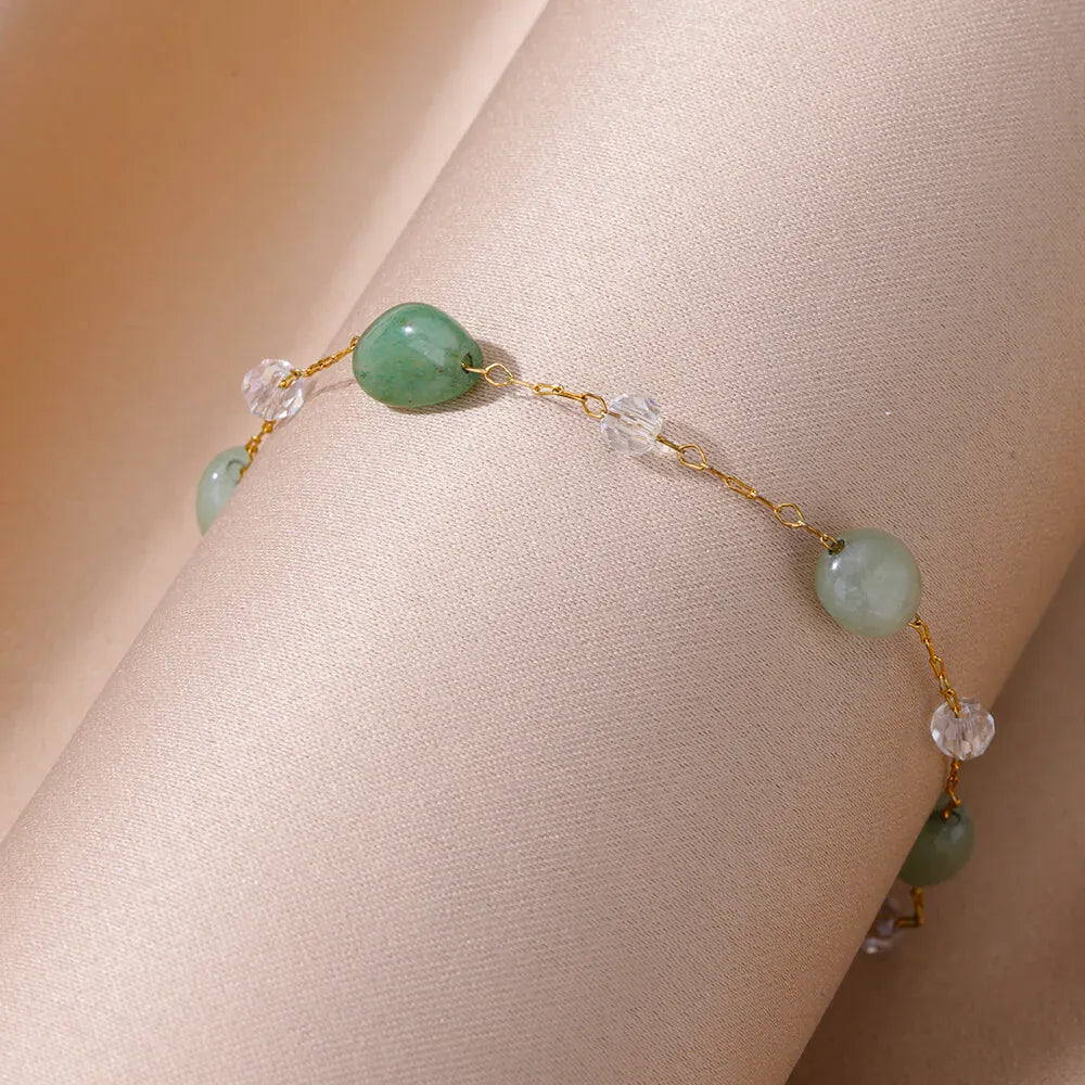 Green Natural Stone Stainless Steel Anklets For Women Gilrs Gold Color Double Layed Anklet Bracelet Femme Summer Jewelry Gift
