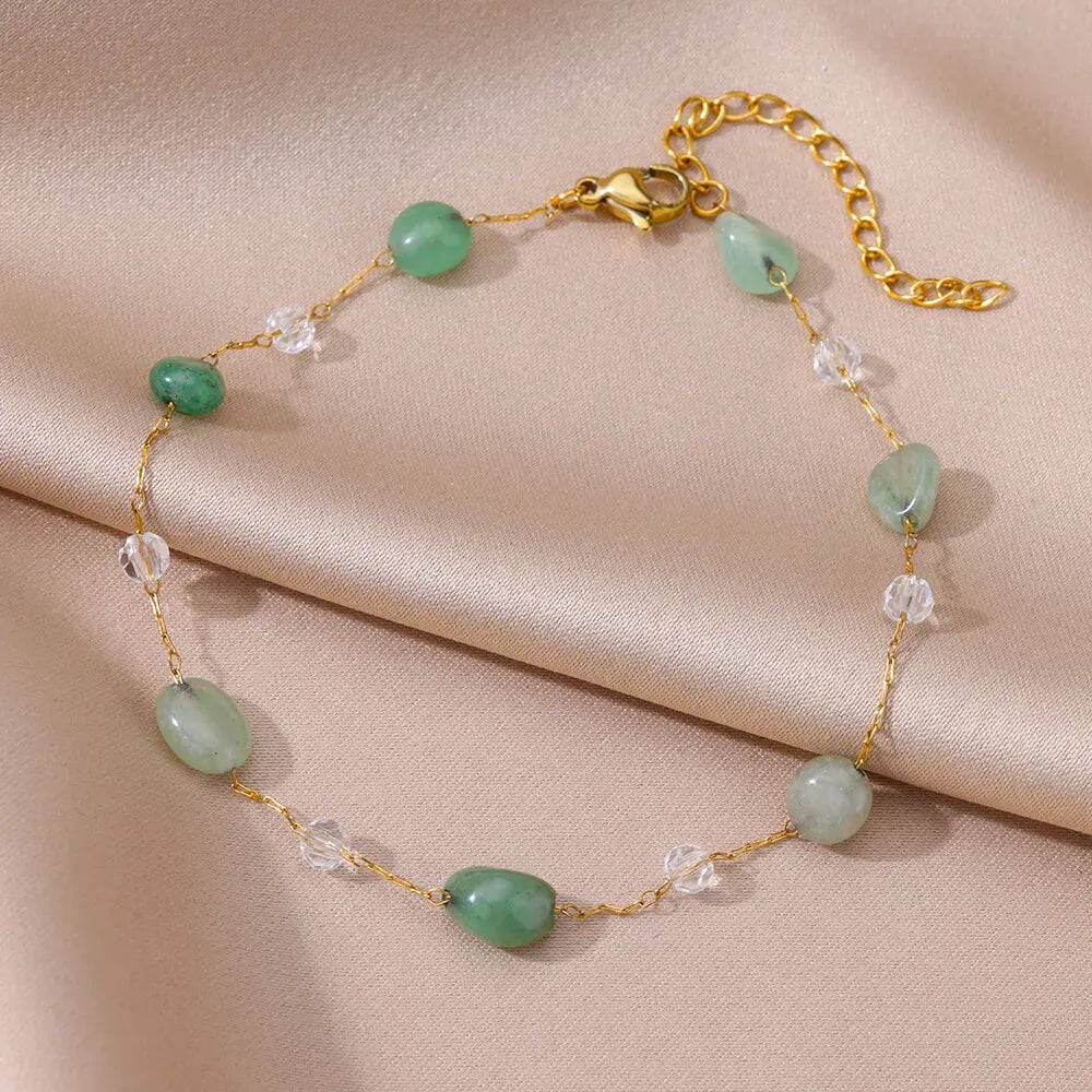 Green Natural Stone Stainless Steel Anklets For Women Gilrs Gold Color Double Layed Anklet Bracelet Femme Summer Jewelry Gift
