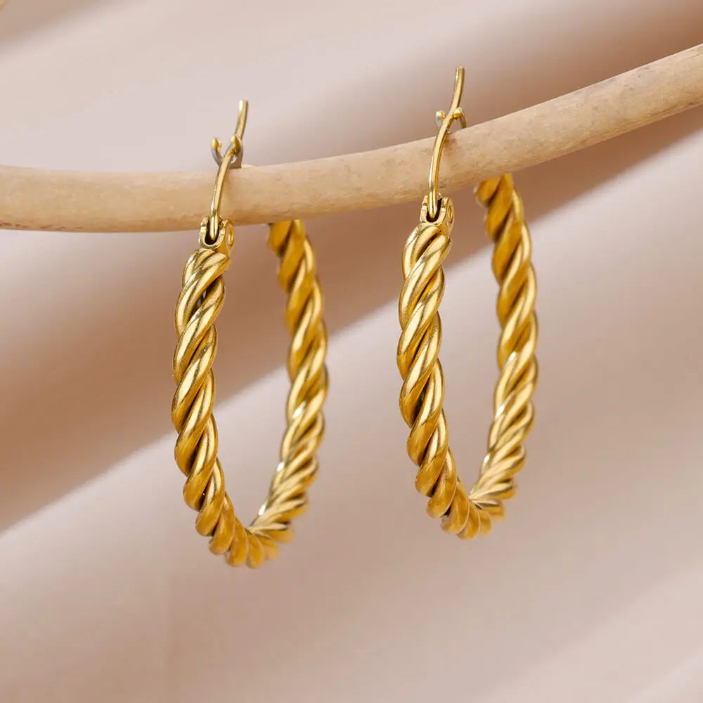 Vintage Round Twisted Earrings For Women Girls Stainless Steel Gold Color Hoop Earrings Punk Luxury Jewelry pendientes mujer