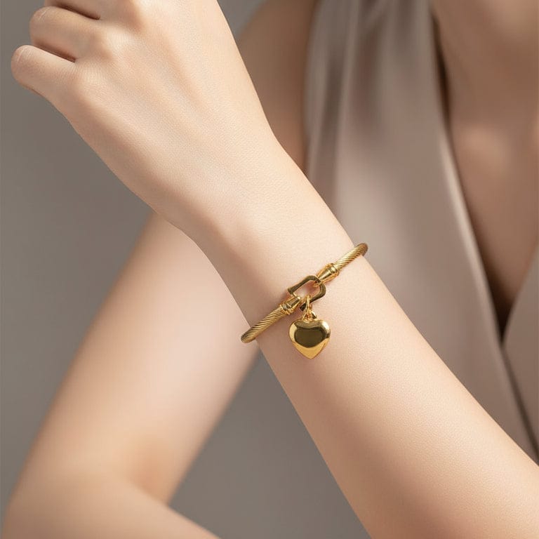 Heart Charm Bangle Gold Plated Elegant Minimalist