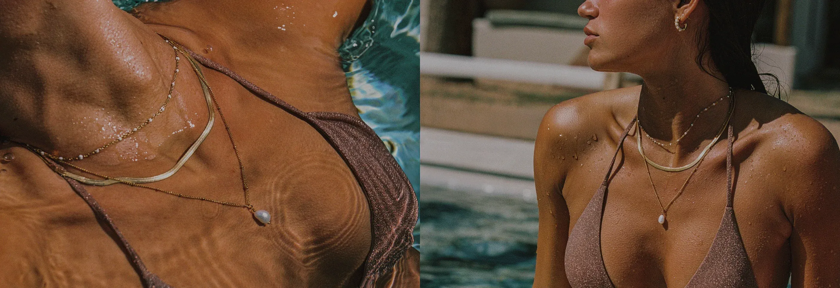 Woman wearing layered necklaces and bikini by the pool – jewellery styling inspiration