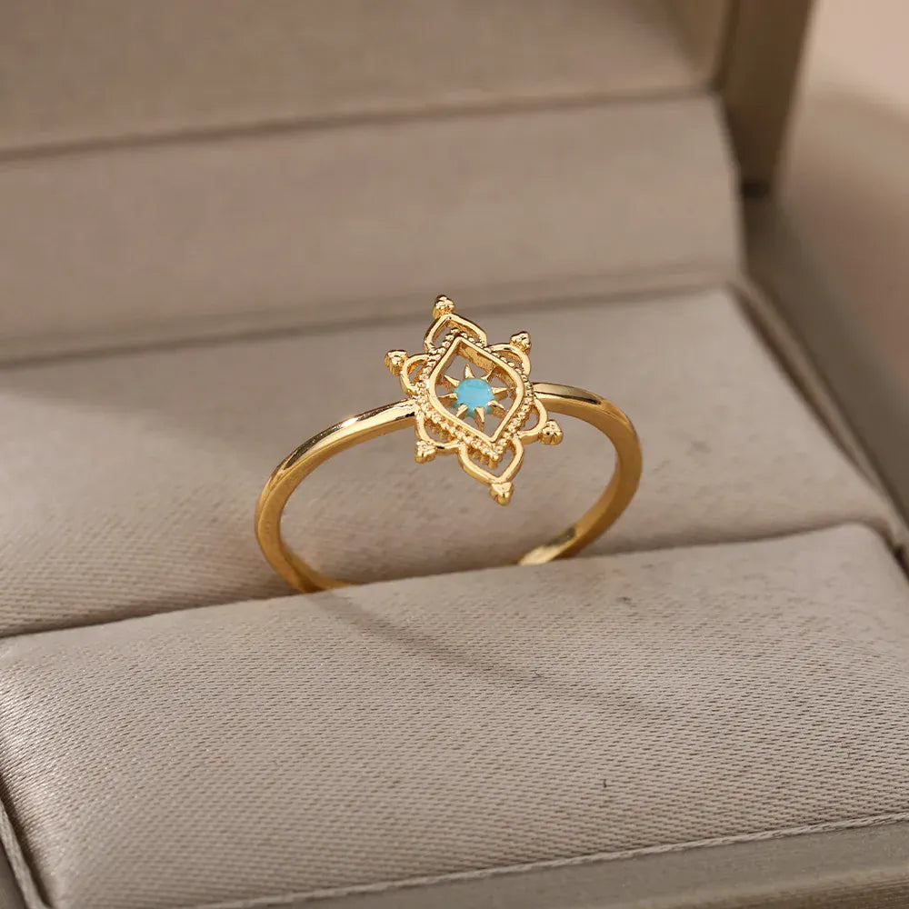 Hexagon Star Ring Blue Lotus Flower Rings For Women Gold Color Stainless Steel Opal Natural Stone Ring Boho Jewelry Gift