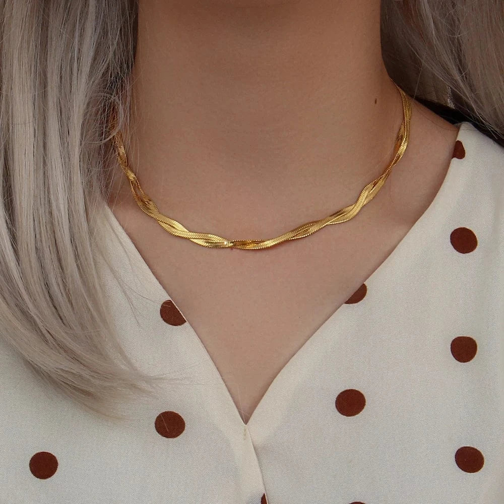 Liekoo Gold-Plated Braided Herringbone Necklace & Bracelet Set