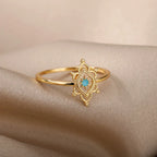 Hexagon Star Ring Blue Lotus Flower Rings For Women Gold Color Stainless Steel Opal Natural Stone Ring Boho Jewelry Gift