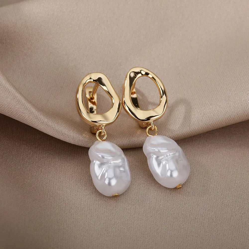 Classic Fashion Imitation Pearl Earrings For Women Gold Color Circle Stainless Steel Earrings Luxury Elegant Christmas Jewelry