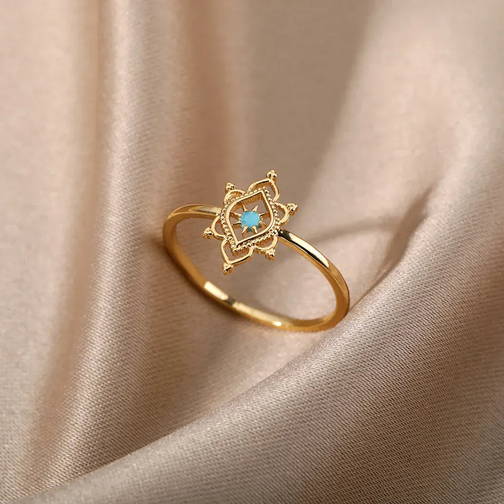 Hexagon Star Ring Blue Lotus Flower Rings For Women Gold Color Stainless Steel Opal Natural Stone Ring Boho Jewelry Gift