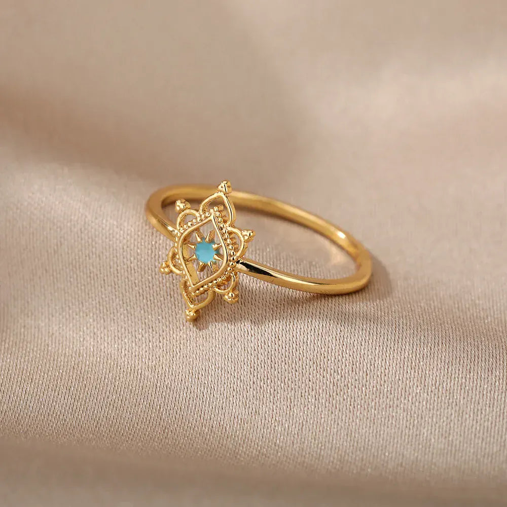 Hexagon Star Ring Blue Lotus Flower Rings For Women Gold Color Stainless Steel Opal Natural Stone Ring Boho Jewelry Gift