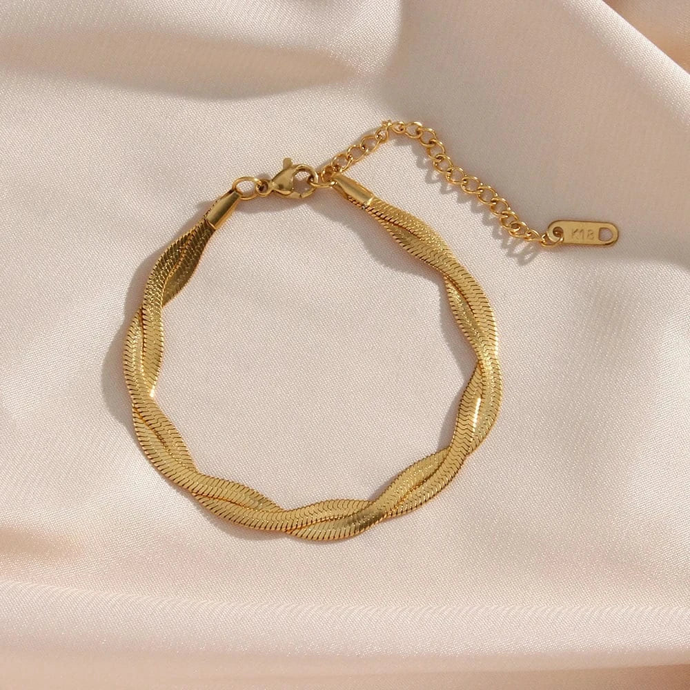 Liekoo Gold-Plated Braided Herringbone Necklace & Bracelet Set