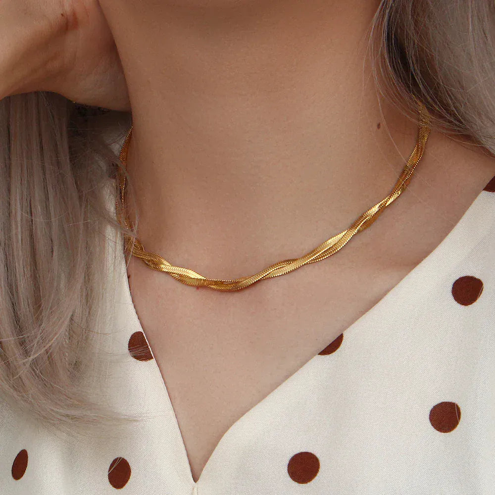 Liekoo Gold-Plated Braided Herringbone Necklace & Bracelet Set