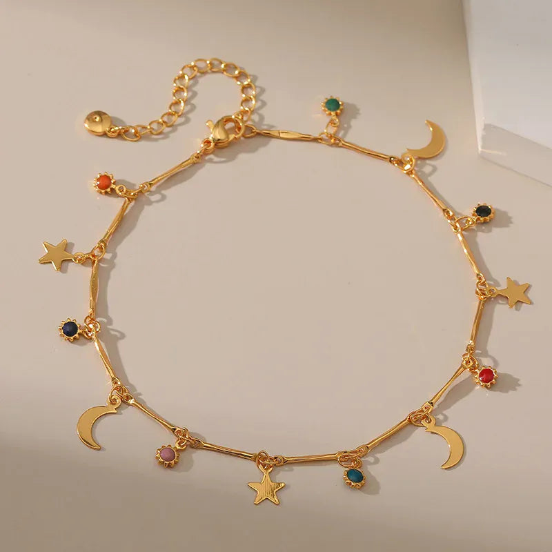 Retro Enamel Star &amp; Moon Anklet Adjustable Trendy