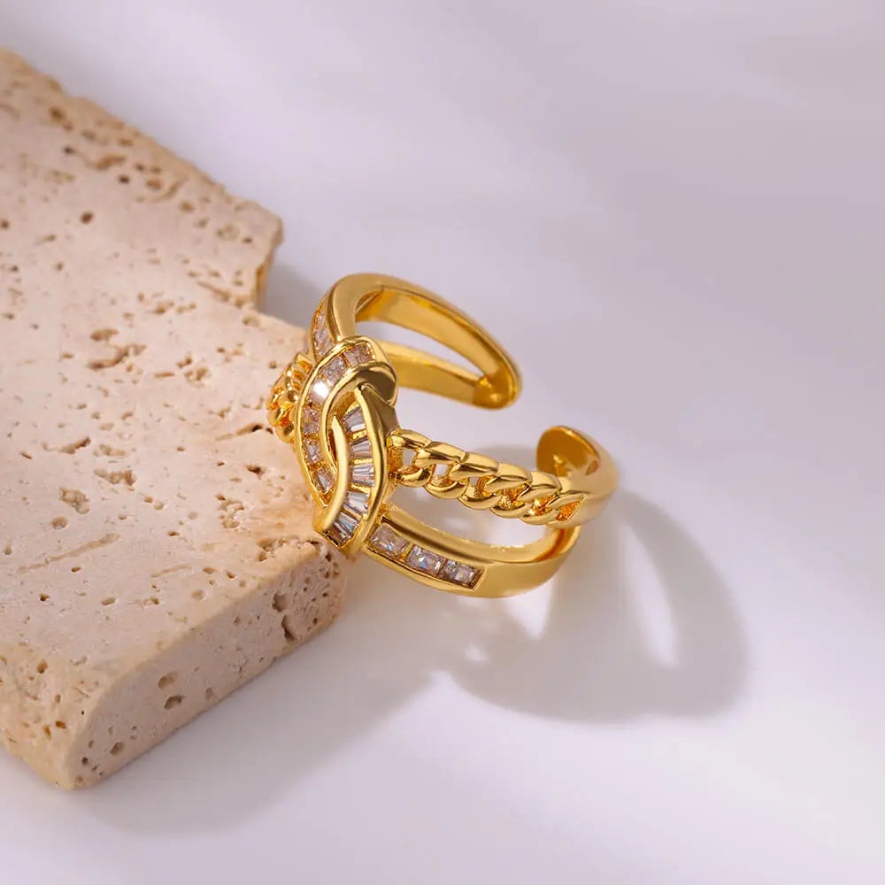 Stainless Steel  Double Layer Chain Zircon Knotted Rings For Women Open 18K Gold Plated Knot Adjustable Finger Ring Jewelry
