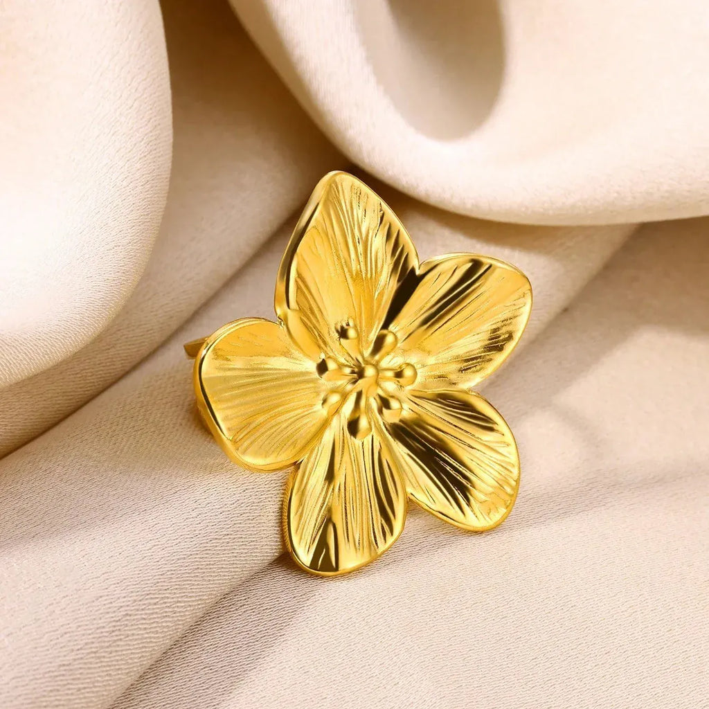 Vintage Large Flower Open Rings For Women Men Gold Color Stainless Steel Bud Ring Wedding Fashion Jewelry Accessories Gift