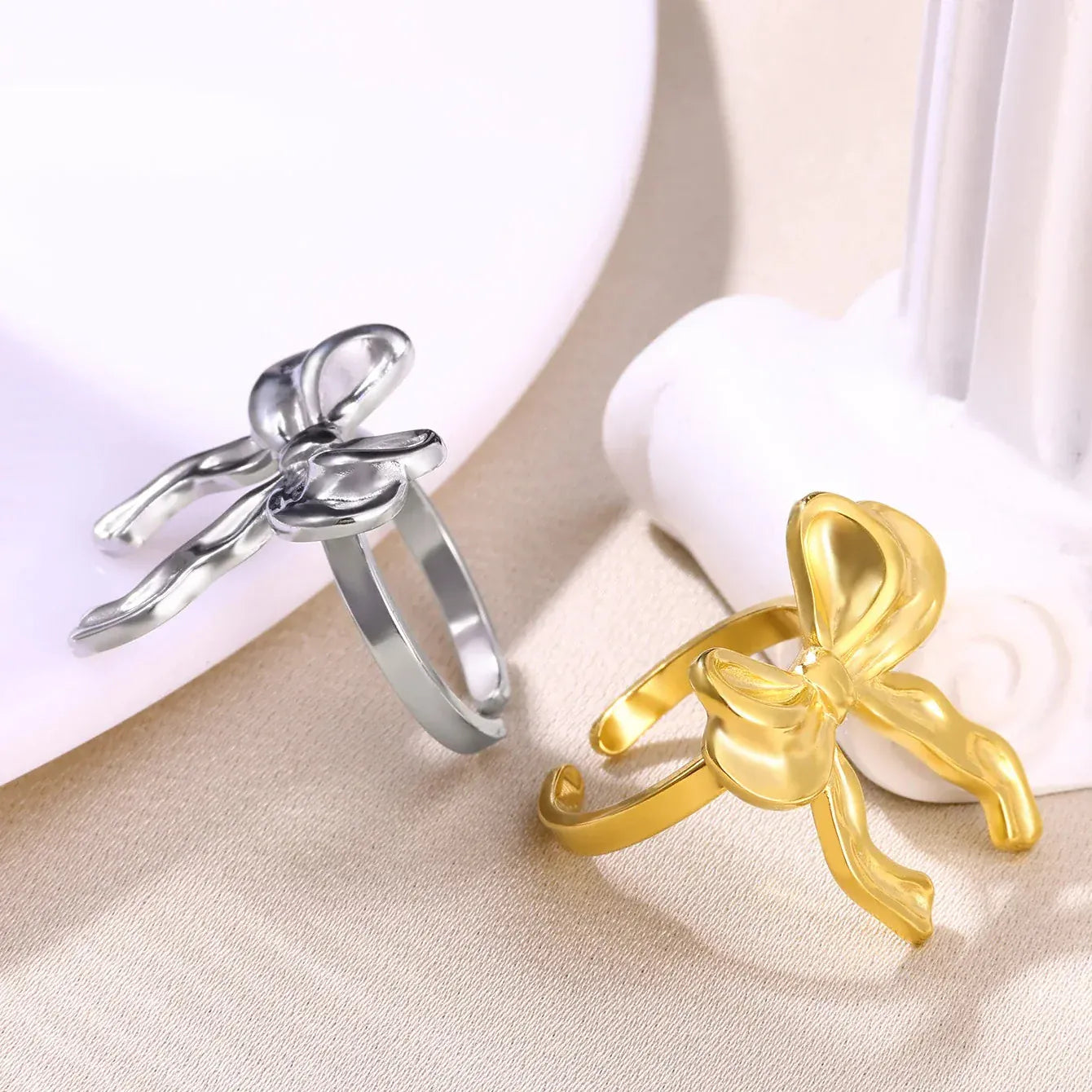 Stainless Steel Bow Ribbon Rings For Women Men Open Adjustable Gold Color Bowknot Ring Wedding Female Jewelry Gift anillos