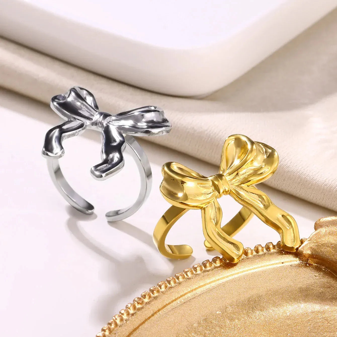 Stainless Steel Bow Ribbon Rings For Women Men Open Adjustable Gold Color Bowknot Ring Wedding Female Jewelry Gift anillos