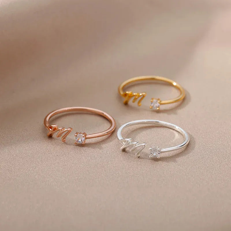 Mini Zircon A-Z Letter Initial Rings For Women Gold Color Adjustable Stainless Steel Ring Wedding Finger Jewelry Couple Gift