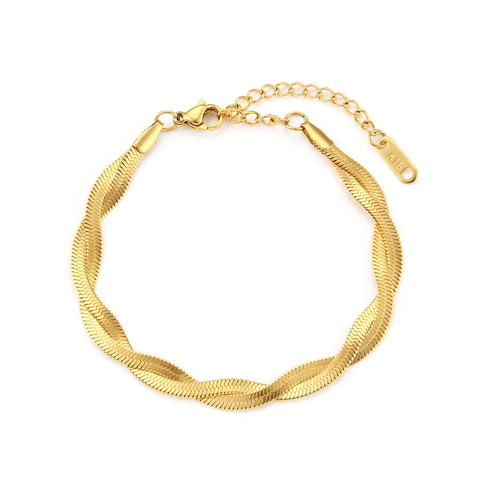 Liekoo Gold-Plated Braided Herringbone Necklace & Bracelet Set