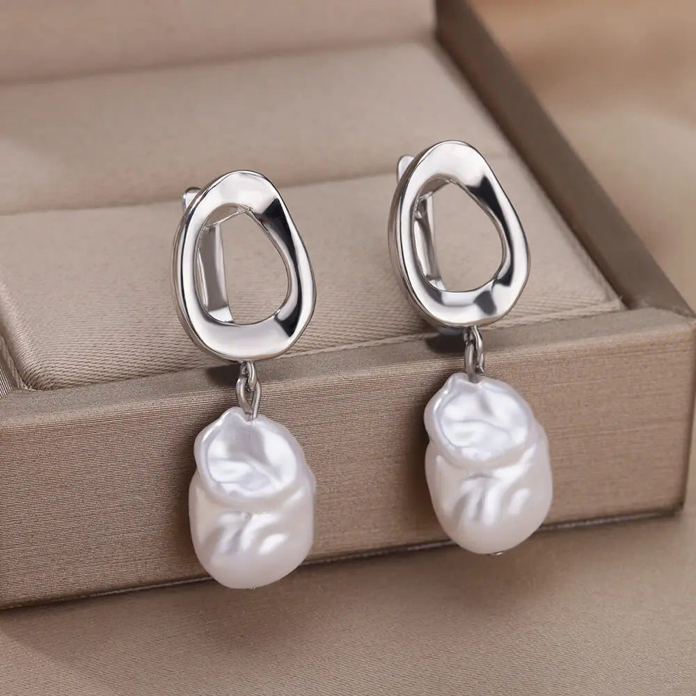 Elegant Handmade Pearl Drop Earrings For Women 2024 Stainless Steel U Shape Earrings Wedding Aesthetic Jewelry Mother Day Gift